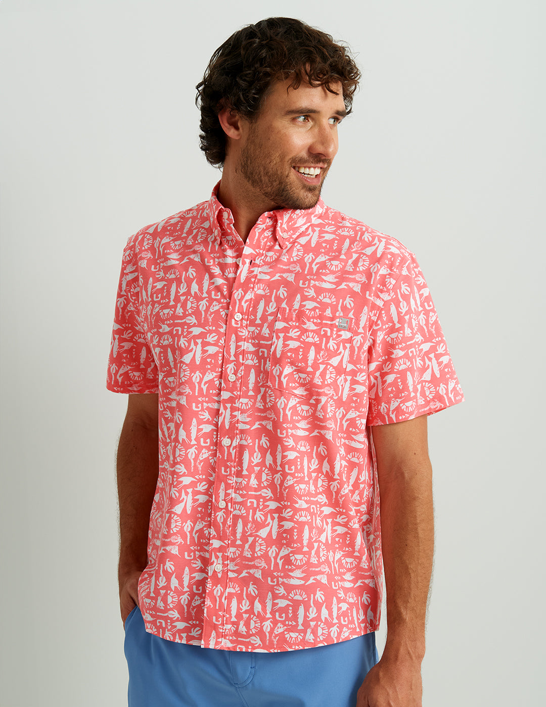 HUK Gear Men's Kona Button-Down Shirts in Batiki Sunwashed Red