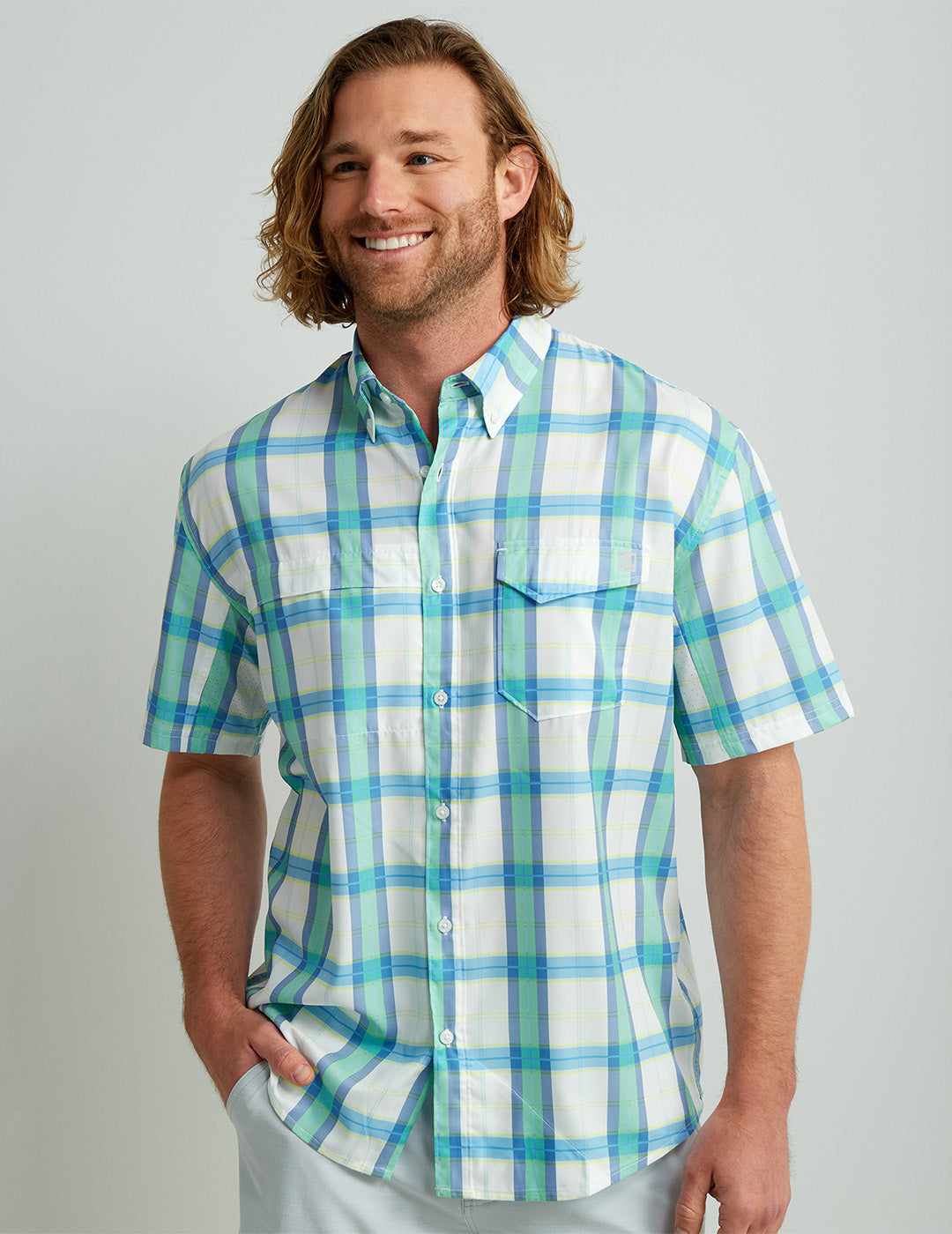 HUK Gear Men's Tide Point Short Sleeve Button-Down Shirts in Latitude Bermuda