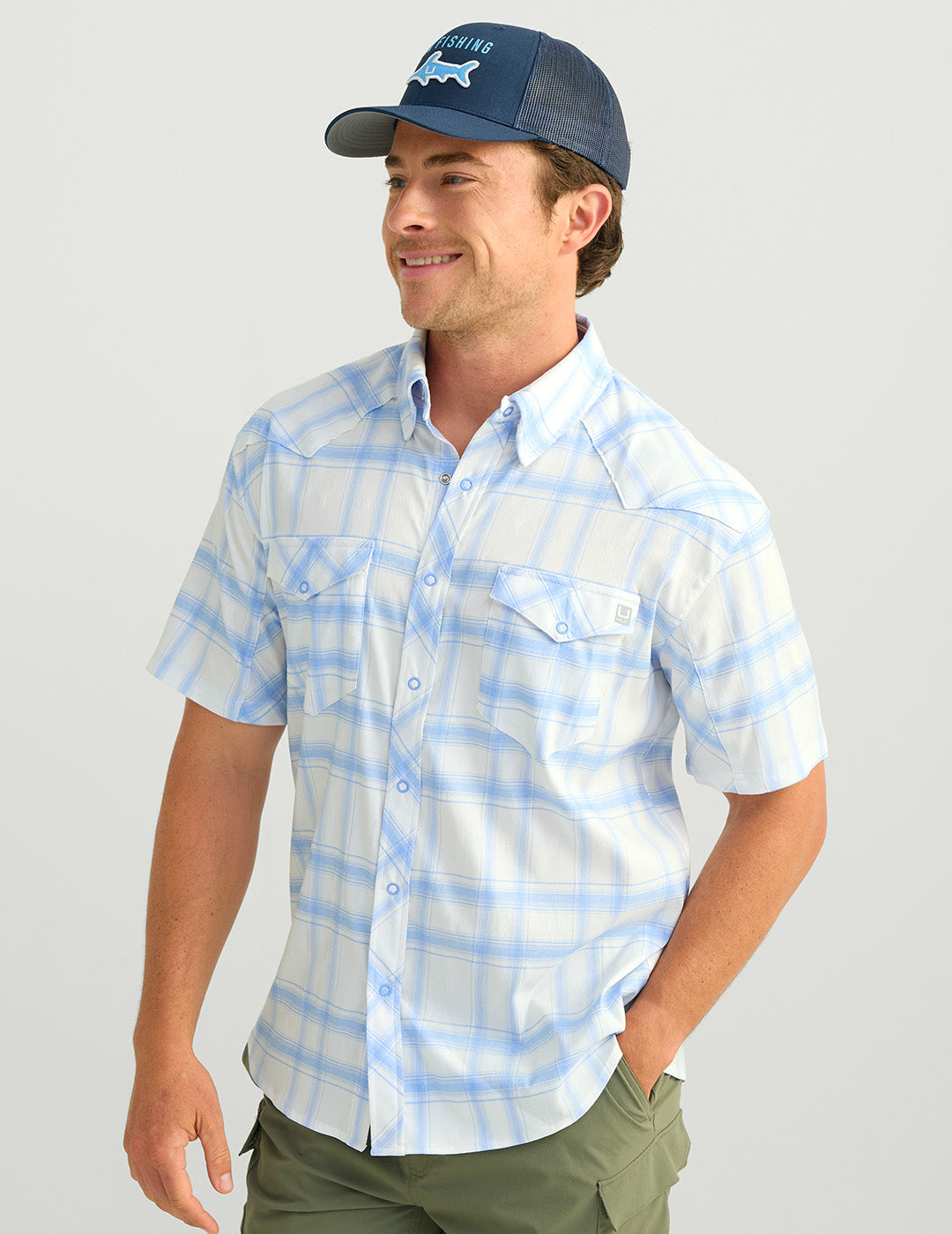 HUK Gear Men's Diamond Back Plaid Short Sleeve Button-Down Shirts in Windsurfer Plaid