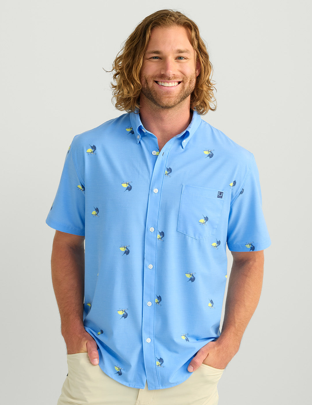 HUK Gear Men's Kona Button-Down Shirts in Marolina Blue Sun Bill